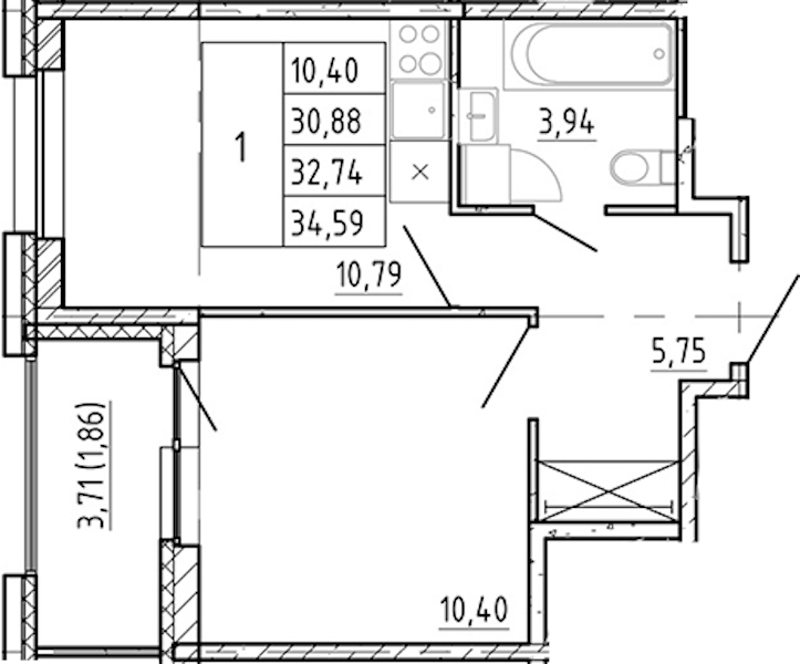 1-комнатная квартира 30.88 м², 9/12 эт., ЖК «Полис Новоселье»